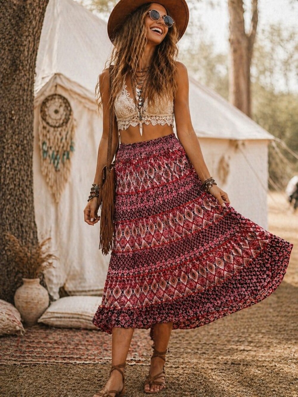 Boho Tiered Midi Skirt Womens Medium Red Pink Gauzy Festival Elastic Waist Lined